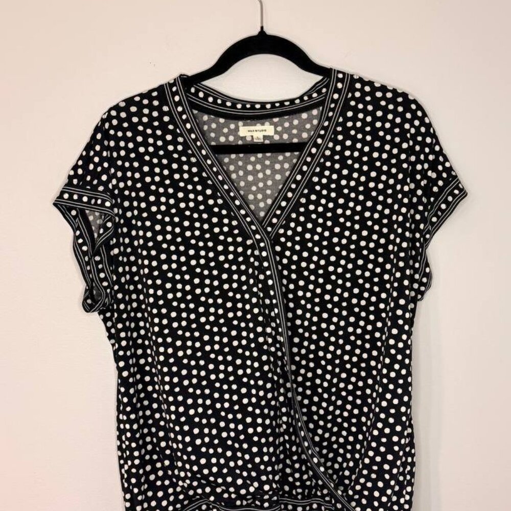 Max Studio Women’s Polka Dot Wrap Top L Black White Stretch Blouse